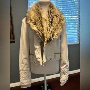 NWT Guess Women's Cream Moto Faux Fur Collar Jacket. Size XL
